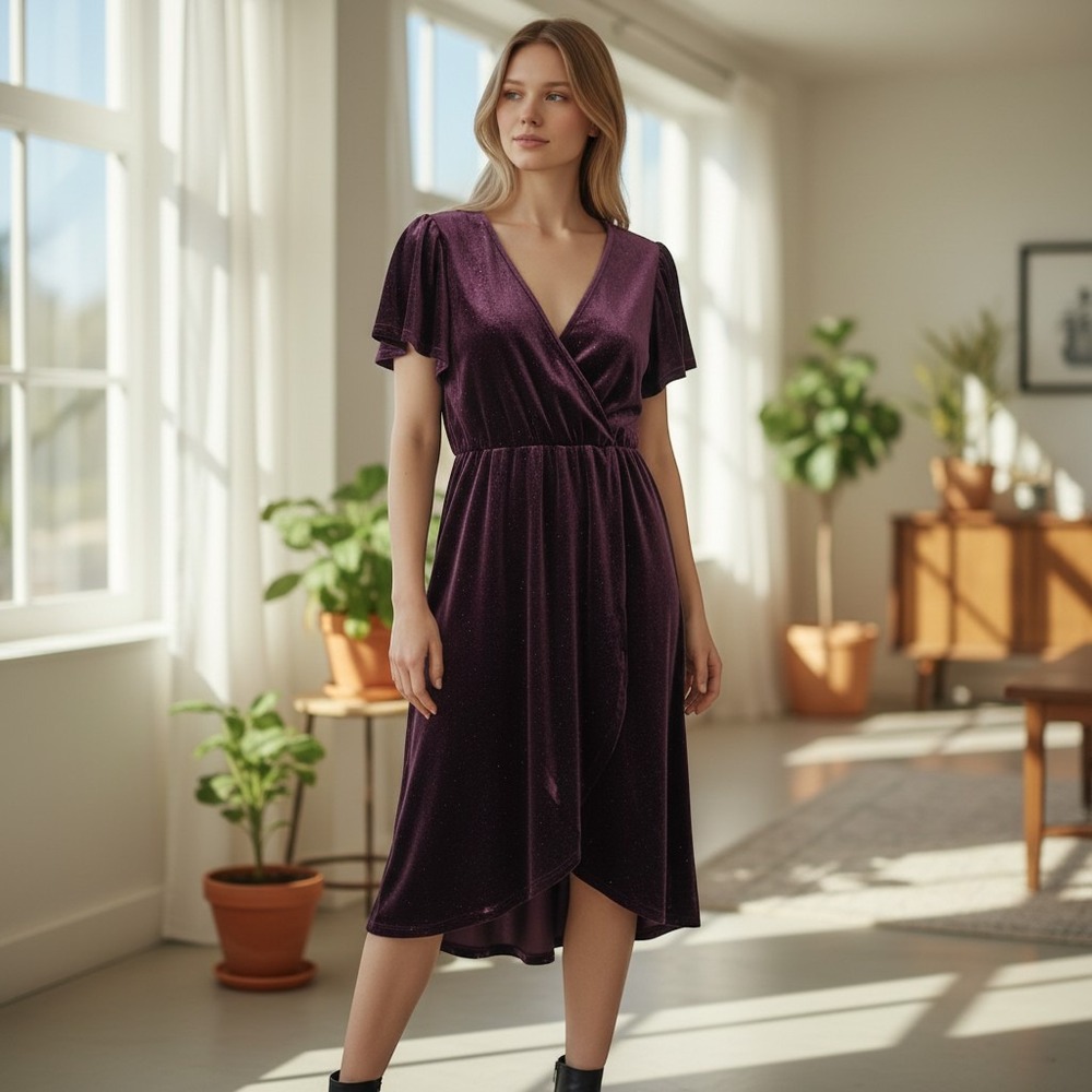 Badgley Mischka Velvet Dress Women PM Purple Metallic Shimmer High Low Wrap